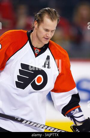 Februar 2010 - Calgary, Alberta, Kanada - NHL-Spielerprofil-Foto auf Chris Pronger von Philadelphia Flyers während eines Spiels in Calgary. (Foto: © Larry MacDougal via ZUMA Wire) Stockfoto