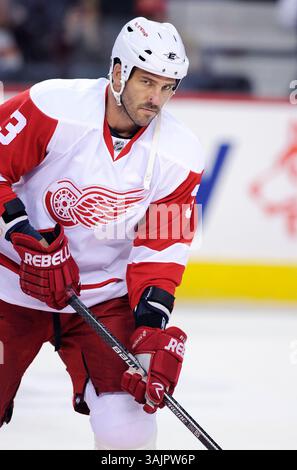 März 2010 – Calgary, Alberta, Kanada – Foto des NHL-Spielerprofils von Andreas Lilja aus Detroit Red Wings aus Schweden während eines Spiels in Calgary. (Foto: © Larry MacDougal via ZUMA Wire) Stockfoto