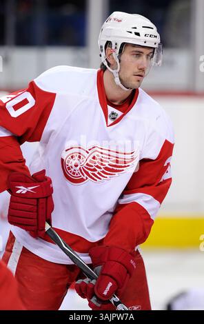 März 2010 – Calgary, Alberta, Kanada – Foto des NHL-Spielerprofils auf Drew Miller von Detroit Red Wings während eines Spiels in Calgary. (Foto: © Larry MacDougal via ZUMA Wire) Stockfoto