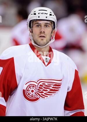März 2010 – Calgary, Alberta, Kanada – Foto des NHL-Spielerprofils auf Drew Miller von Detroit Red Wings während eines Spiels in Calgary. (Foto: © Larry MacDougal via ZUMA Wire) Stockfoto