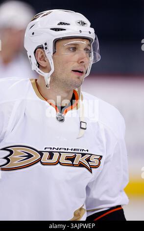 März 2010 - Calgary, Alberta, Kanada - Foto des NHL-Spielerprofils von Anaheim Ducks' Lubomir Visnovsky aus der Slowakei während eines Spiels in Calgary. (Foto: © Larry MacDougal via ZUMA Wire) Stockfoto