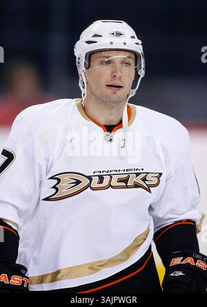 März 2010 - Calgary, Alberta, Kanada - Foto des NHL-Spielerprofils von Anaheim Ducks' Lubomir Visnovsky aus der Slowakei während eines Spiels in Calgary. (Foto: © Larry MacDougal via ZUMA Wire) Stockfoto