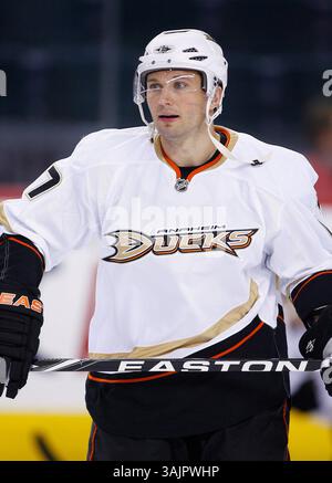 März 2010 - Calgary, Alberta, Kanada - Foto des NHL-Spielerprofils von Anaheim Ducks' Lubomir Visnovsky aus der Slowakei während eines Spiels in Calgary. (Foto: © Larry MacDougal via ZUMA Wire) Stockfoto