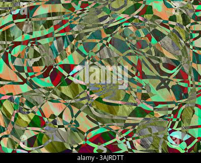 Vektoranzeige oder Grafikbild erinnert den Betrachter an Frühling, grüne Gärten und wärmeres Wetter. Winkel und Formen in kleinen Stücken erwachen im Frühling zum Leben. Stockfoto