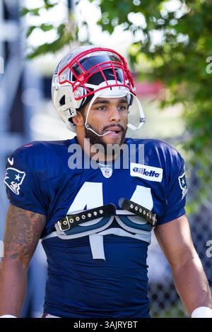 30. Juli 2017; Foxborough, MA, USA; der Linebacker Trevor Bates (44) der New England Patriots spielt im New England Patriots Training Camp im Gillette Stadium. Anthony Nesmith/Cal Sport Media (Kreditbild: &Copy; Anthony Nesmith/CSM via ZUMA Wire) Stockfoto