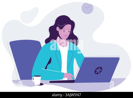 Frau, die am Schreibtisch mit Laptop-Arbeitsplatz sitzt, moderne Vektorillustration Stock Vektor