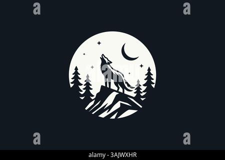 Wolf oder Kojote heulen unter Mondlicht im Wald Logo Silhouette Illustration. Wildnis Symbol Natur und Outdoor Markenidentität. Stock Vektor