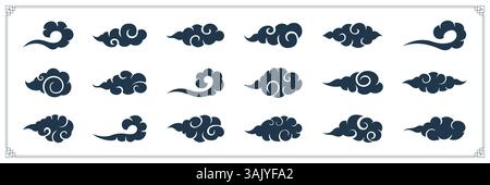 Asiatische Wolke mit wirbelnden Pinselkurven. Traditionelle chinesische, japanische und koreanische Ornamente. Dekorative Vintage-Symbole für Himmel, Wetter oder Neujahrsfest. Stock Vektor