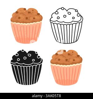 Muffin mit Schokolade isolierte strukturierte Karikaturvektor Illustration. Gebäck Cupcake Desserts handgezeichnet flache Umrisse Silhouette Styles Set. Leckere süße Backwaren für das Branding von Bäckern, Rezeptbuch für Menüs Stock Vektor