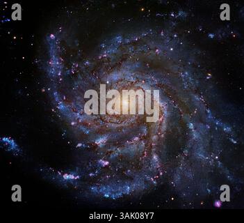 Pinwheel-Galaxie (M101), optisches Bild. Kombinierte Bilder des Subaru-Teleskops und des Hubble-Weltraumteleskops der Pinwheel-Galaxie (M101, NGC 5457). Diese große Spiralgalaxie befindet sich nur etwa 22 Millionen Lichtjahre von unserer eigenen Galaxie (der Milchstraße) entfernt, aber mit 170.000 Lichtjahren Durchmesser ist sie etwa doppelt so groß. Es gibt viele helle Bereiche der Sternirte, die vermutlich das Ergebnis einer energetischen Kollision mit einer kleineren Galaxie sind. Es liegt im Sternbild Ursa Major. Stockfoto