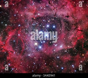 Rosettennebel (NGC 2237), optisches Bild. Dieser Nebel ist ein Emissionsnebel, bekannt als Rosettennebel wegen seiner runden, blumenartigen Form. Emissionsnebel sind Gas- und Staubwolken, die durch Strahlung heißer Sterne in ihnen ionisiert werden und sie zum Leuchten bringen. Im Zentrum des Nebels befindet sich der Sternhaufen NGC 2244, der für diese Ionisation verantwortlich ist. Der starke Sternwind von diesen Sternen hat ein Loch um sie herum geräumt. Der ganze Rosettennebel misst etwa 50 Lichtjahre und liegt etwa 4500 Lichtjahre entfernt im Sternbild Monoceros. Stockfoto