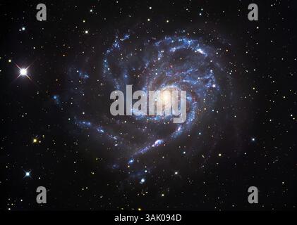 Pinwheel-Galaxie (M101), optisches Bild. Diese große Spiralgalaxie befindet sich nur etwa 22 Millionen Lichtjahre von unserer eigenen entfernt, aber mit 170.000 Lichtjahren Durchmesser ist sie etwa doppelt so groß. Es gibt viele helle Bereiche der Sternirte, die vermutlich das Ergebnis einer energetischen Kollision mit einer kleineren Galaxie sind. Es liegt im Sternbild Ursa Major. Stockfoto