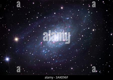 Spiralgalaxie NGC 2403. Diese Galaxie liegt etwa 11 Millionen Lichtjahre von der Erde entfernt im Sternbild Camelopardalis. 2004 wurde in dieser Galaxie eine Supernova gesehen, die der Erde am nächsten ist und seit über einem Jahrzehnt aufgezeichnet wurde. Eine Supernova ist der explosive Tod eines massereichen Sterns. Da das Lichtabstrahlungsmuster von Supernovae gut verstanden ist, kann die Untersuchung entfernter Supernovae dazu verwendet werden, Entfernungen zu messen und das kosmologische Verständnis zu fördern. Stockfoto