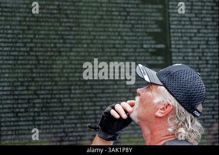 24. Mai 2009 - Washington, District of Columbia, USA - Ein Besucher des Vietnam Veterans Memorial scannt die Namen der in das Denkmal eingeätzten Gefallenen während eines Besuchs am Sonntag, den 24. Mai 2009. (Foto: © Pete Marovich/ZUMA Press) Stockfoto