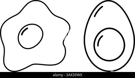 Outline gebratenes und hart gekochtes Ei mit Dotteraufkleber Icon Logo minimalistische Designidee Set zwei Elemente. Isolierte Vektor-Illustration Lebensmittelposter oder Menükarte, Web-Werbebanner, Flugblätter, Druckmaterial Stock Vektor