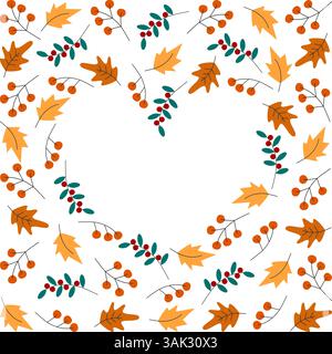 Herbstblätter und Zweige Herzform Rahmenrand Thanksgiving Gruß Design Kopierraum Vorlage. Isolierte Vektor-Illustration Thematische Karten Hochzeitseinladung, Poster, Flugblätter, saisonaler Druck, Tag Stock Vektor