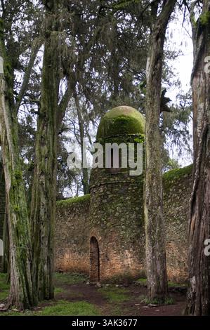 19. Juli 2012: Mauritius: Debre Berhan Selassie Kirche in Gonder, Äthiopien. . Außenwand der Kirche Debre Berhan Selassie. Zusammen mit den 11 Burgen und angrenzenden Gebäuden ist die aus dem 17. Jahrhundert stammende Kirche Debre Birhan Selassie die einzige, die die wiederholte Zerstörung Gondars durch die Derwische (Ägyptisch-Sudanesen), die Italiener und die Briten überlebt hat. Das Hauptinteresse ist nicht so sehr das Gebäude selbst, sondern die herrlichen Gemälde, die sich im Inneren befinden. (Bild: © Sergi Reboredo via ZUMA Wire) Stockfoto