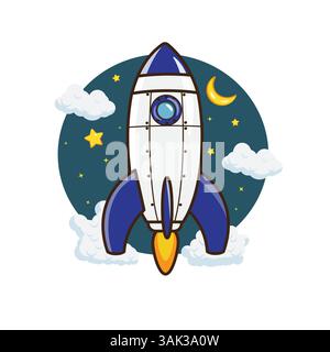 Vektor-Illustration der Rakete fliegt im Raum Cartoon Design Stil Stock Vektor