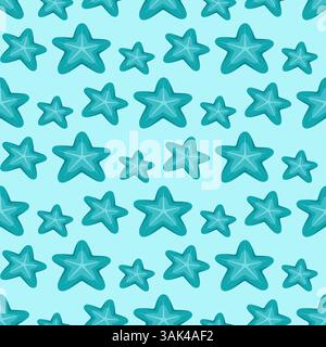 Nahtloses Muster von blauem Seestern auf hellblauem Hintergrund. Flaches Design, ideal für Tapeten, Textilien oder Projekte im maritimen Stil Stock Vektor