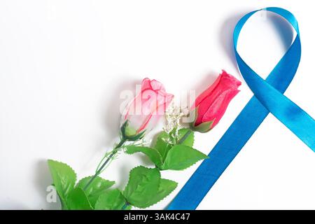 Zwei künstliche rosafarbene Rosen mit einem hellblauen Bewusstseinsband auf einem sauberen und hellweißen Hintergrund. Perfekt für die Wahrnehmung. Stockfoto