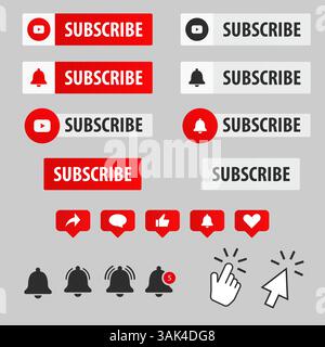 Rote und weiße Schaltflächensymbole für die Vektor-Abonnementschnittstelle Cursorhand für Webdesign und Internet Stock Vektor