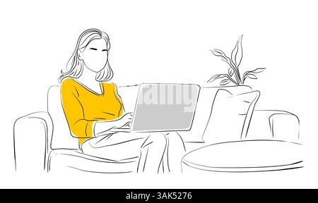 Eine junge Frau, die auf dem Sofa sitzt und am Laptop arbeitet Stock Vektor
