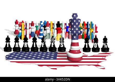 Schach aus den USA und EU-Mitgliedsflaggen. Handel, Zölle, Zölle und Zölle zwischen DEN USA und der EU Stockfoto