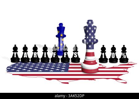 Schach aus USA- und EU-Flaggen. Handel, Zölle, Zölle und Zölle zwischen DEN USA und der EU Stockfoto