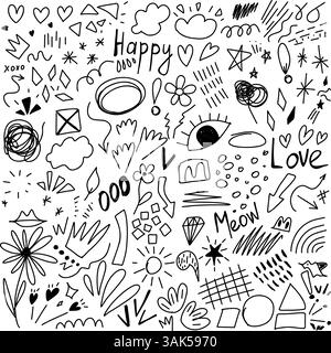 Verspielte Doodle-Zusammenstellung mit Blumen, Herzen, Texten und abstrakten Formen Stock Vektor