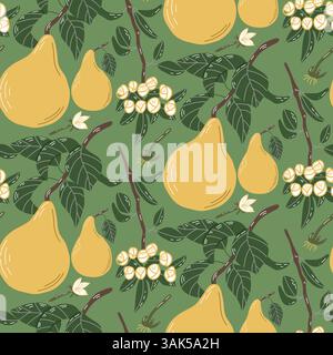 Nahtloses Muster mit Birnen und Blüten auf grünem Hintergrund Stock Vektor