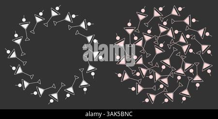 Handgezeichnete Martini-Gläser Kreisrahmen und runder Hintergrund Kopierraum Vorlage Ideenset. Isolierte Vektor-Illustration thematische Menükarten, Posten, Etiketten oder Web-Werbebanner, Broschüren, Tag Stock Vektor