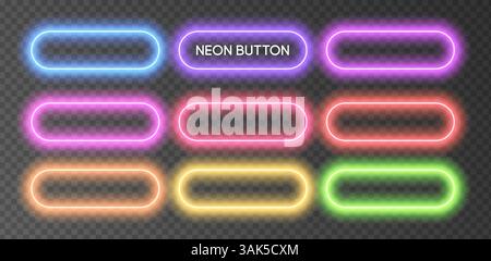 Aktionstaste Neonrechteck. 3D-Glow-Spielbox in grüner, blauer, roter Rahmenlinie. Das runde Rechteck zeigt ein futuristisches Bannerschild mit Casino-LED. Rosa Lila Stock Vektor