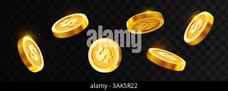 3D Set realistische goldene Münzen mit verschiedenen Winkeln isoliert auf transparentem Hintergrund. Vektorabbildung Stock Vektor