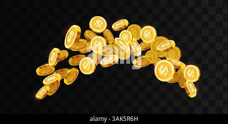 Fallende Münzen, fallendes Geld, fliegende Goldmünzen, goldener Regen. Jackpot oder Erfolgskonzept. Stock Vektor