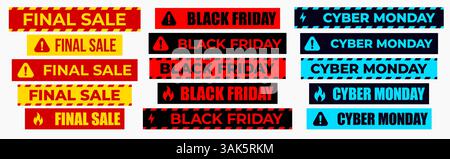 Endverkauf, Black Friday Und Cyber Monday Etiketten In Warnform Für Promotion, Marketing, Werbung, Rabatt, E-Commerce, Sonderangebot, Shopping Stock Vektor