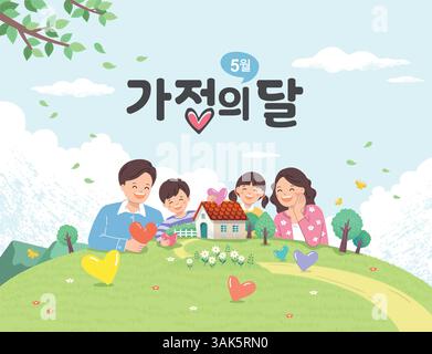 Familienmonat Event Design, Illustration eines liebevollen Heims und einer glücklichen Familie. Übersetzung: Mai ist Familienmonat Stock Vektor
