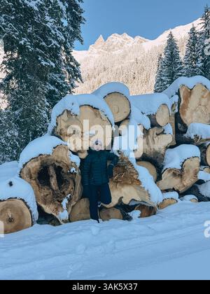 Der Wanderer macht eine Pause und lehnt sich auf einen Stapel schneebedeckter Baumstämme in einem Wintergebirge Stockfoto