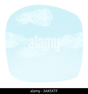 Quadratischer Hintergrund des blauen Himmels mit Wolken, handgemachte digitale Illustration auf einem weißen Hintergrund. Ein Element für die Gestaltung von Postkarten, Einladungen Stockfoto