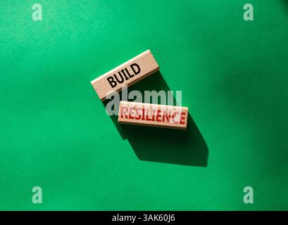 Symbol für Belastbarkeit erstellen. Holzklötze mit Wörtern sorgen für Widerstandsfähigkeit. Schöner grüner Hintergrund. Business- und Build Resilience-Konzept. Kopierbereich. Stockfoto