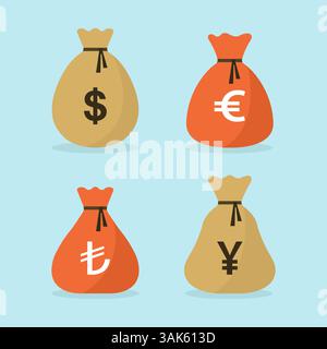 Vektor-Illustration eines Satzes verschiedener Arten von Taschen, die mit Geld gefüllt sind Stock Vektor