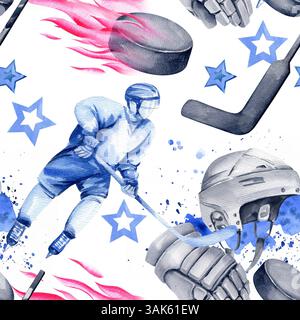 Hockeyspieler mit Stöcken in Bewegung, Puckfliegen in einer purpurroten Feuerflamme, Puck, Stars und schwarze Skates, Helm, Handschuh, Spritzer, handgezeichnete Illustrationen Stockfoto