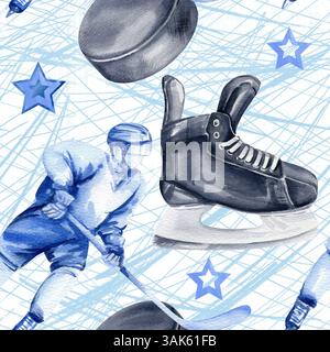 Hockeyspieler mit Stöcken in Bewegung mit Puck, Stars und schwarze Schlittschuhe auf hellen Aquarellspots und Skatebahnen auf dem Eis, handgezeichnete Illustration Stockfoto