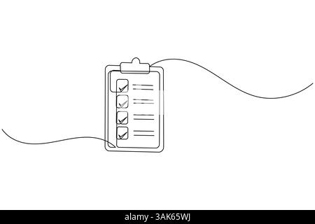 Zwischenablage mit einer Checkliste durchgehende einzeilige Zeichnung und minimalistischem Stil isolieren das Symbol für den Konturvektor Stock Vektor