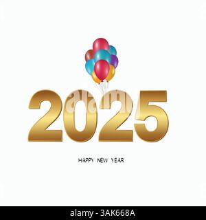 Frohe Neujahrsfeiertage 2025, goldene Dekoration, Ballons Stock Vektor