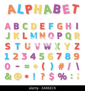 Niedliches vektorfarbenes Alphabet und Zeichen mit Punktmuster Stock Vektor