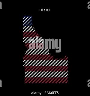 Idaho US-Bundesstaat schraffierte Silhouettenkarte mit schrägen parallelen Linien in den Farben der amerikanischen Flagge, strukturierte stilisierte Karte. Vektorabbildung Stock Vektor