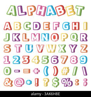 Vektor mehrfarbiges Alphabet, Buchstaben, Zeichen und Zahlen im 3D-Stil, für Kinder und Schulkinder, das Studium von Buchstaben Stock Vektor
