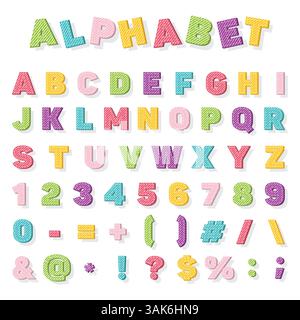 Vektorbuchstaben mit Schildern, farbenfrohe Zeichentrickschrift für Kinder und Schule Stock Vektor