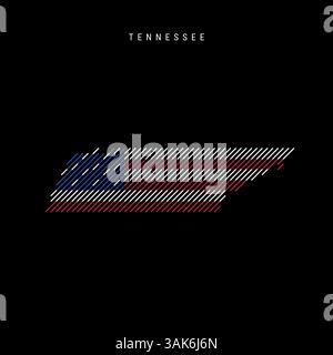 Tennessee US-Bundesstaat USA schraffierte Silhouettenkarte mit schrägen parallelen Linien Muster in den Farben der amerikanischen Flagge, strukturierte stilisierte Karte. Vektorillustra Stock Vektor
