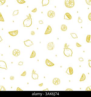 Nahtloses Vektormuster von gelben, handgezeichneten Zitronen auf weißem Hintergrund Stock Vektor